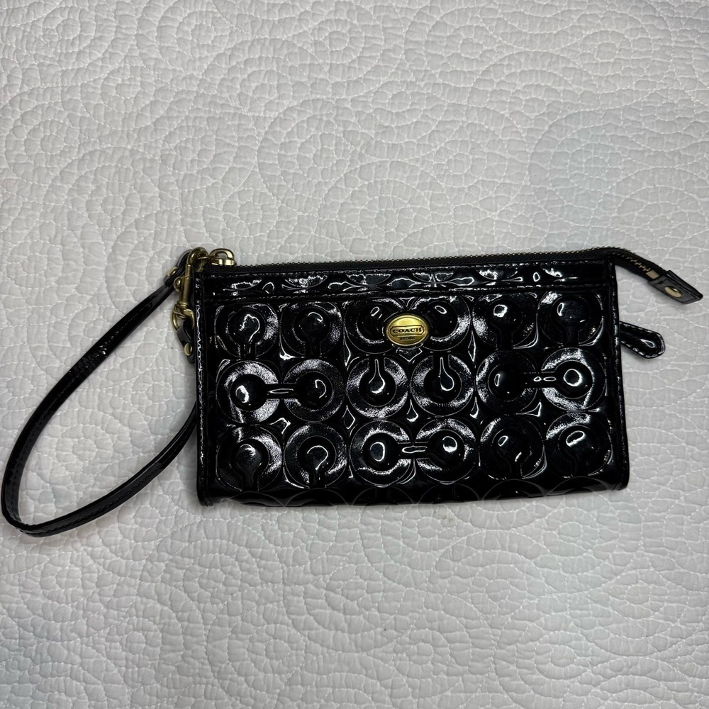 Coach Patent Leather Wallet, Black, Fits Cell Phone, Wristlet Organizer